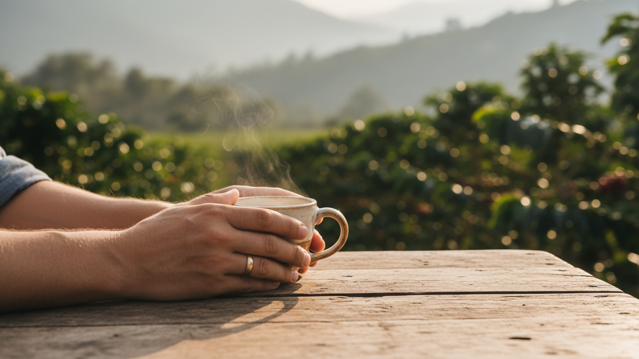 Manos con taza de café en finca colombiana